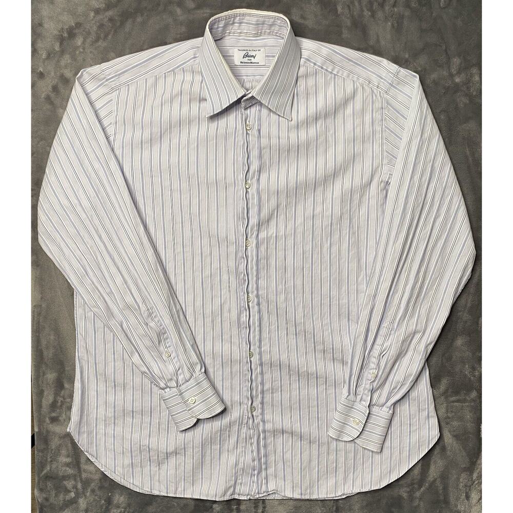 Brioni Long Sleeve Dress Shirt Men's Large 16" Striped White Neiman Marcus Italy